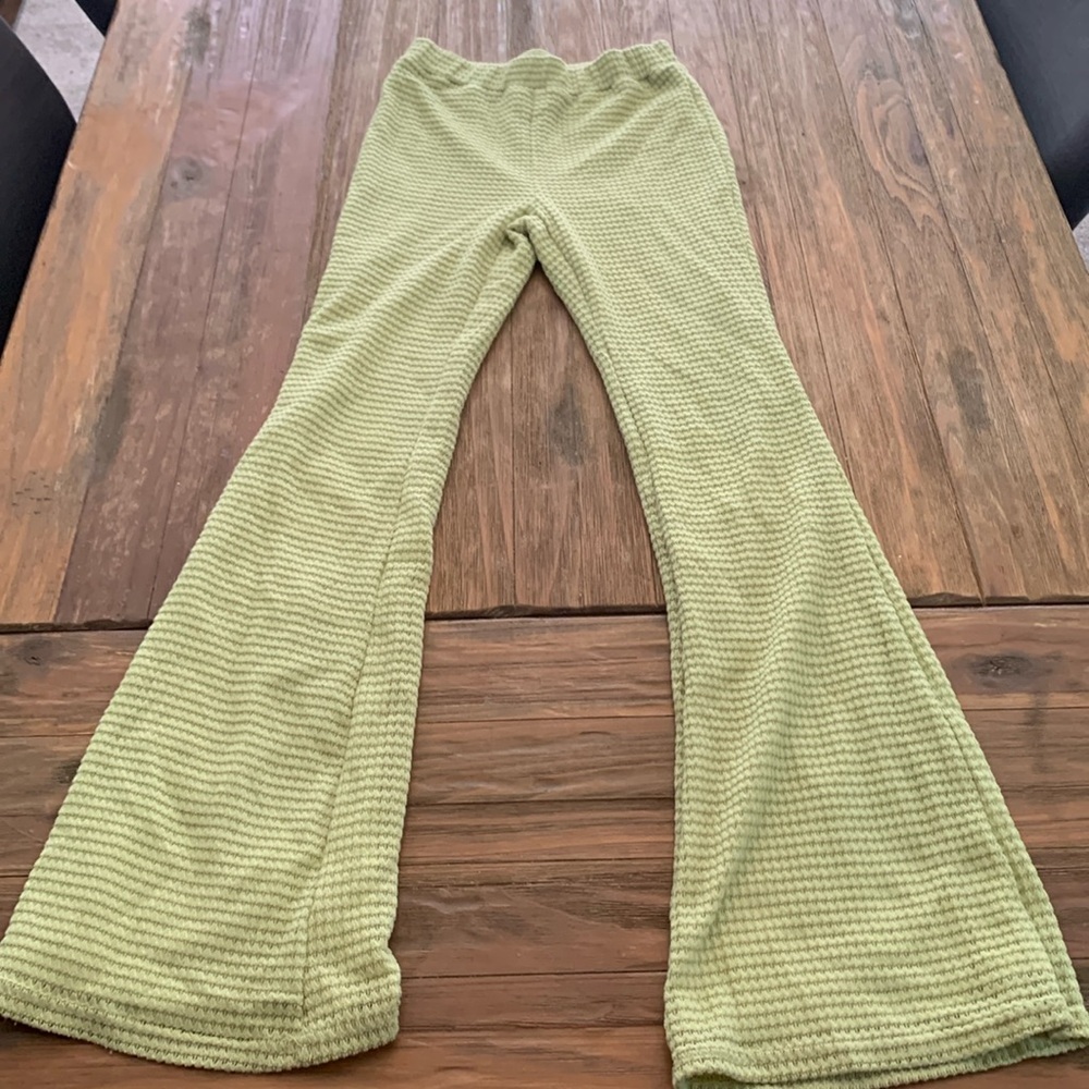 High Waisted Green Flare Knit Lined Pants - Picture 2 of 6